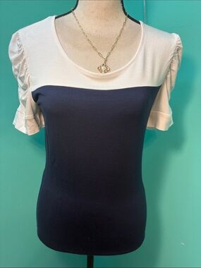 INC International Concepts Navy and White Scoop Neck Ruffle Sleeve Top